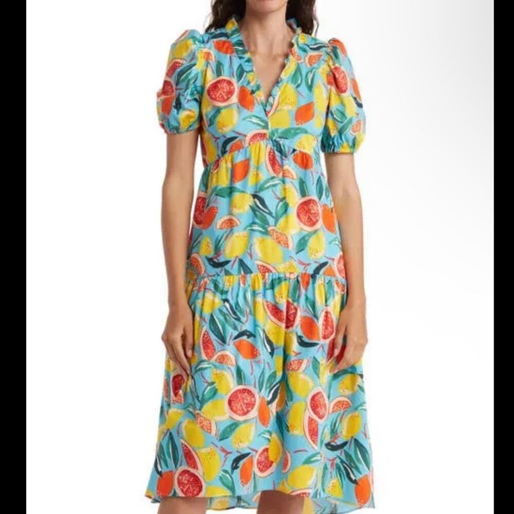 Donna Morgan Colorful Fruit Citrus Lemon Oranges Puff Sleeve MIDI Tier Dress R16